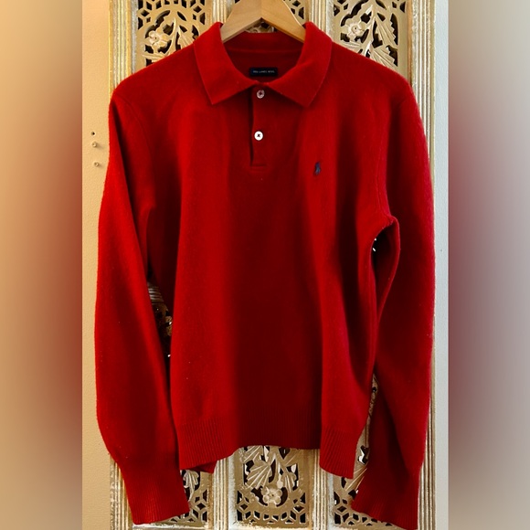 Polo Ralph Lauren Red sweater 100% lambswool Blue Pony vintage polo collar prep - Picture 1 of 5